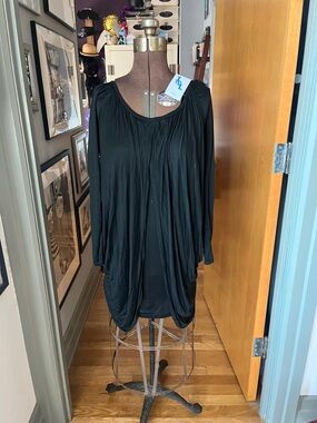 Black Long-Sleeve Mini Dress - Draped Scoop Neck